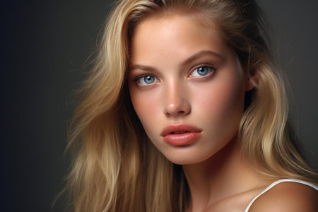 Portrait of a beautiful young woman with long blond hair. Studio shot.の素材