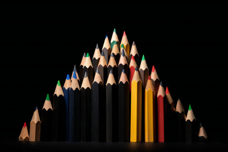colored pencils in a row on a black background, close-upの素材
