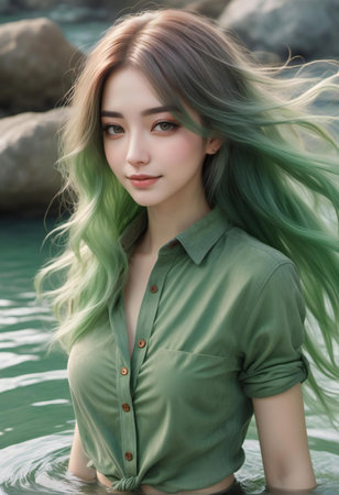 Portrait of beautiful asian woman with green hair in the waterの素材