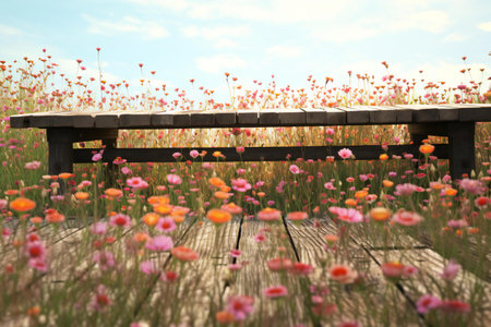 Wooden bench in the meadow with pink flowers and blue skyの素材