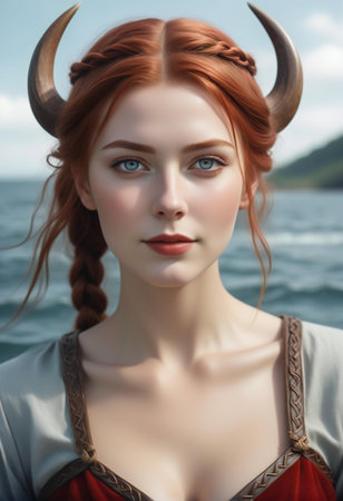 Portrait of a beautiful red-haired girl with horns on her head.の素材