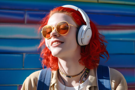 Portrait of a beautiful young woman with red hair and headphones.の素材
