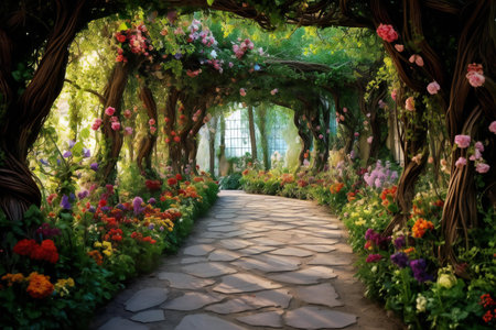 Beautiful flower garden in the morning light, blooming flowers.の素材