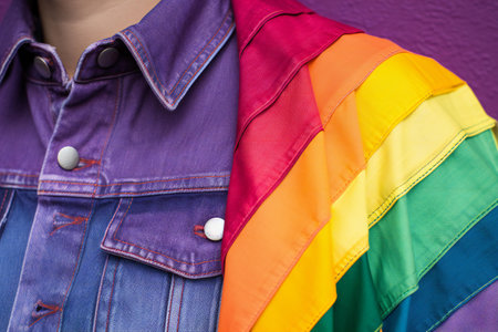Close up of a man wearing a colorful rainbow shirt on a purple backgroundの素材