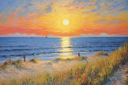 Original oil painting of seascape at sunset, Baltic Sea, Polandの素材