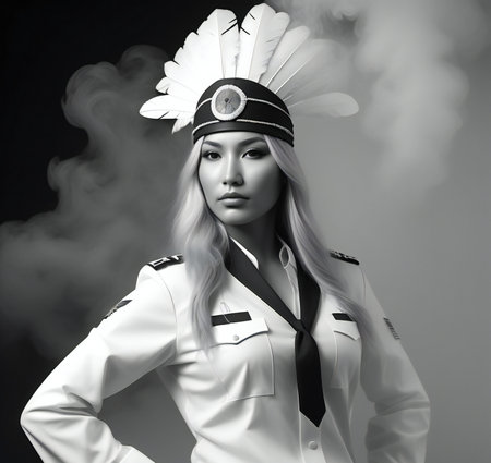 Beautiful asian woman in military uniform with indian headdressの素材