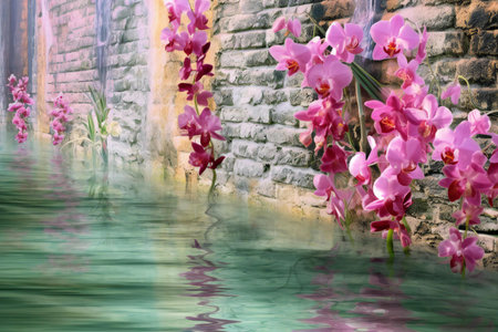 Pink orchids with reflection in the water at the stone wallの素材