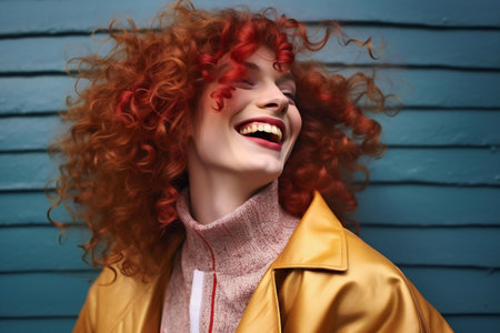 Portrait of a beautiful red-haired girl in a yellow raincoat.の素材