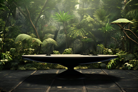 Tropical jungle interior with empty round tableの素材