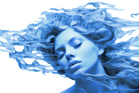 Artistic illustration of a woman's face in blue waterの素材