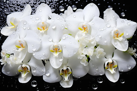 Beautiful white orchid flowers with water drops on black background.の素材