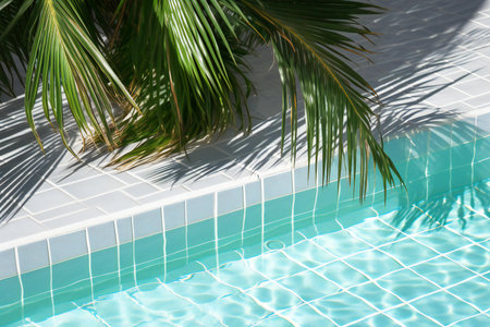 Swimming pool with palm leaves on the background of the blue waterの素材
