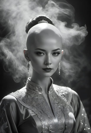Portrait of beautiful asian woman with smoke. Black and white photo.の素材