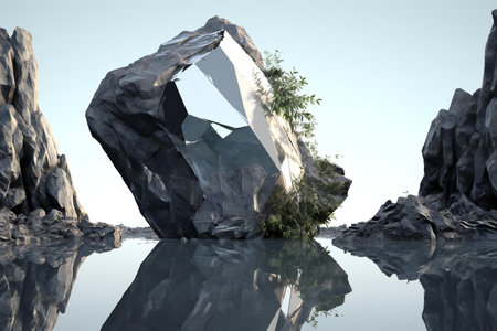 stone and tree on the water surface with reflectionの素材