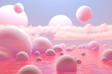 pink balls floating in the water with clouds in the backgroundの素材