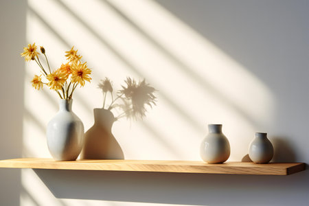 Three vases with flowers on a shelf in the sunlight.の素材