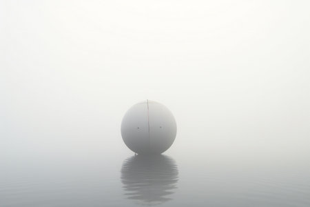 A white egg floating in the water of a foggy lake.の素材