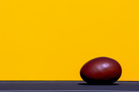 Easter egg on a table against a yellow wall with copy spaceの素材