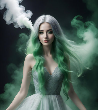 Beautiful girl in a white dress with green hair and smoke.の素材