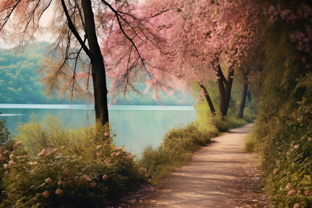 Beautiful spring landscape with pink cherry blossom trees on the lakeの素材