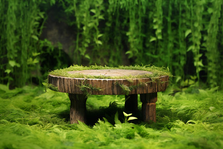 Wooden table in green forest. Natural background. Copy space.の素材