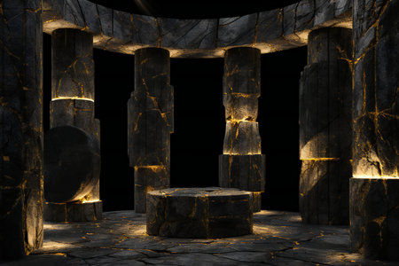 a stone pedestal in a dark room illuminated by the rays of lightの素材