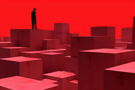 Silhouette of a businessman standing on a red cube.の素材