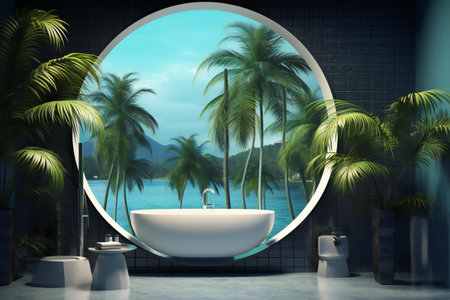 View of a modern bathroom with palm trees and a round mirror.の素材