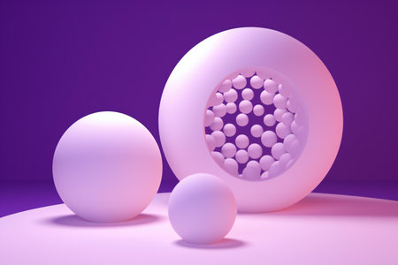 abstract geometric forms. Glossy spheres on purple background.の素材