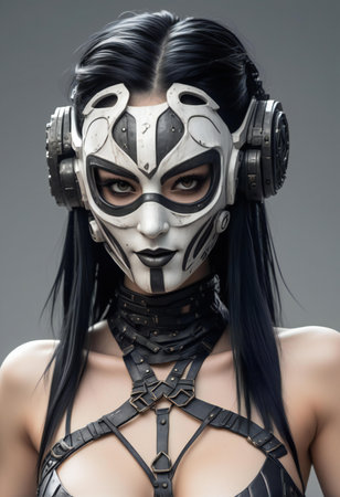 Shot of a futuristic woman with futuristic armor and headphones over grey background.の素材