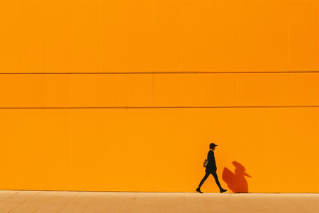 Silhouette of a man walking in front of an orange wallの素材