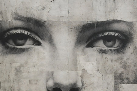 Women's eyes painted on old wall. Black and white photo.の素材