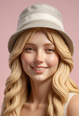 Portrait of a beautiful blonde woman with long hair in a capの素材