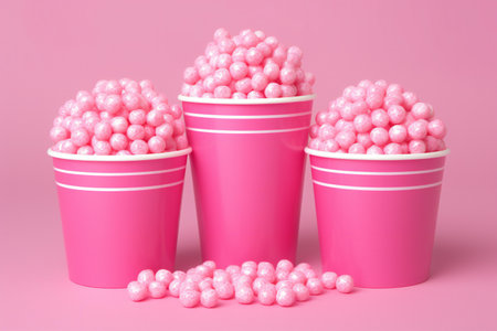 Pink candies in paper cups on pink background.の素材