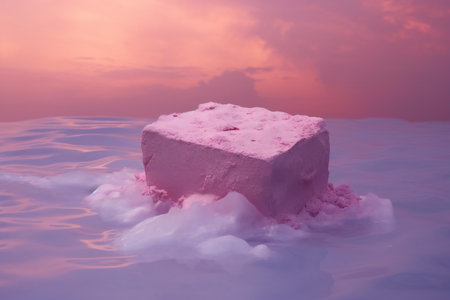 pink ice cube in the sea at sunset, 3d renderの素材