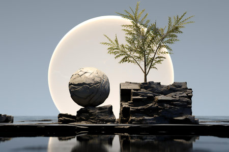 a fantasy landscape with a tree and a moonの素材
