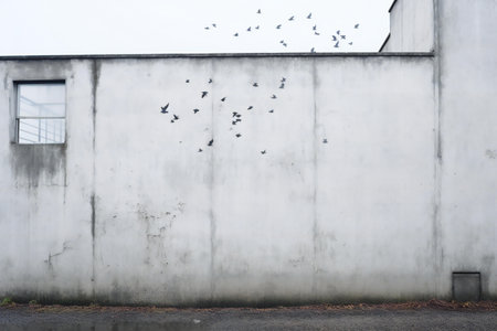 Pigeons flying over the wall of an abandoned building in the cityの素材