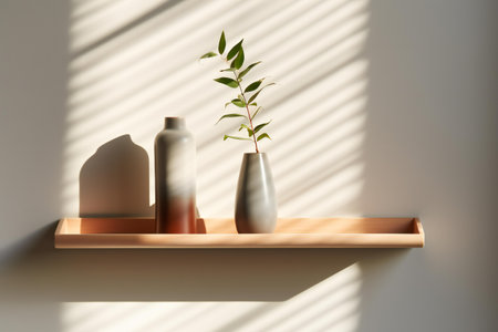 Wooden shelf with vases and plant in sunlight.の素材