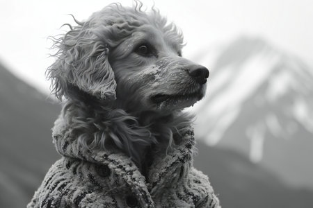 Portrait of a dog on the background of mountains. Black and white photo.の素材