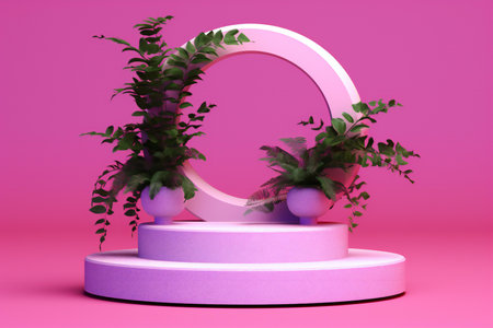 abstract minimal scene with round podium and plant.の素材