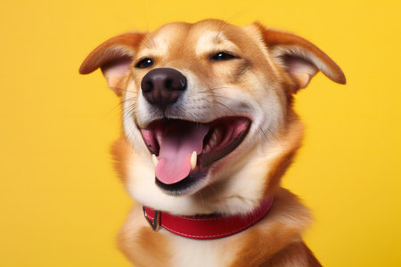 Portrait of a happy dog with tongue out on a yellow backgroundの素材