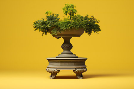 Bonsai tree in a pot on a yellow background.の素材