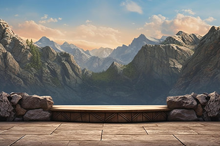 Empty wooden table in front of mountains background.の素材