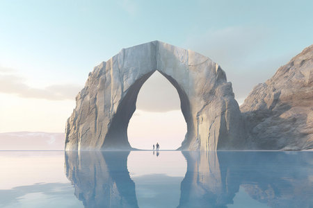 Man standing in front of an arch in the sea.の素材