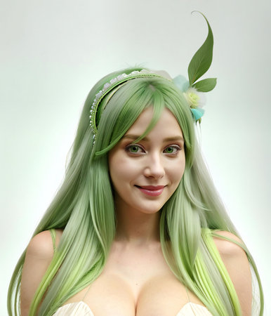 Portrait of young beautiful woman with green hair and flower in hairの素材