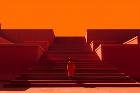 Red stairway with a woman in a red coat,の素材
