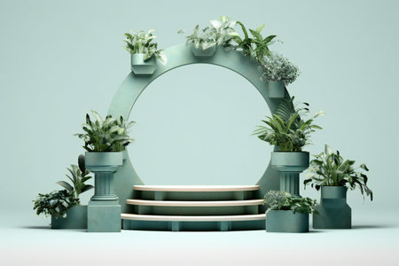 Podium for product display with green plants on blue background.の素材
