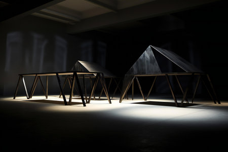 a wooden table in a dark room illuminated by sunlightの素材