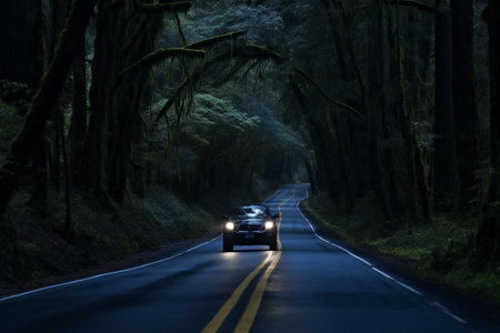 A car on the road in the forest at night in Hawaii.の素材
