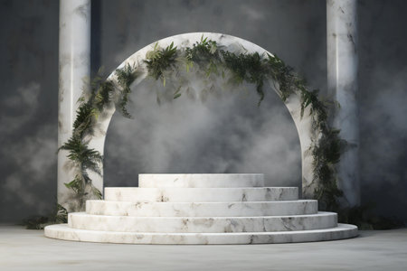 White marble stairs with palm leaves and arch in the dark room.の素材